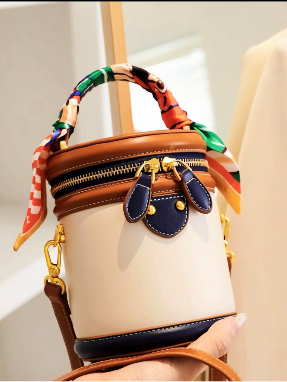 Leather Cylinder Crossbody Bag with Colorful Scarf Handle - Cream & Brown